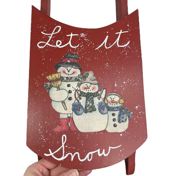 Red Hand Painted Snowy Snowmen Let It Snow Mini Hanging Sled Decor - Picture 3 of 10